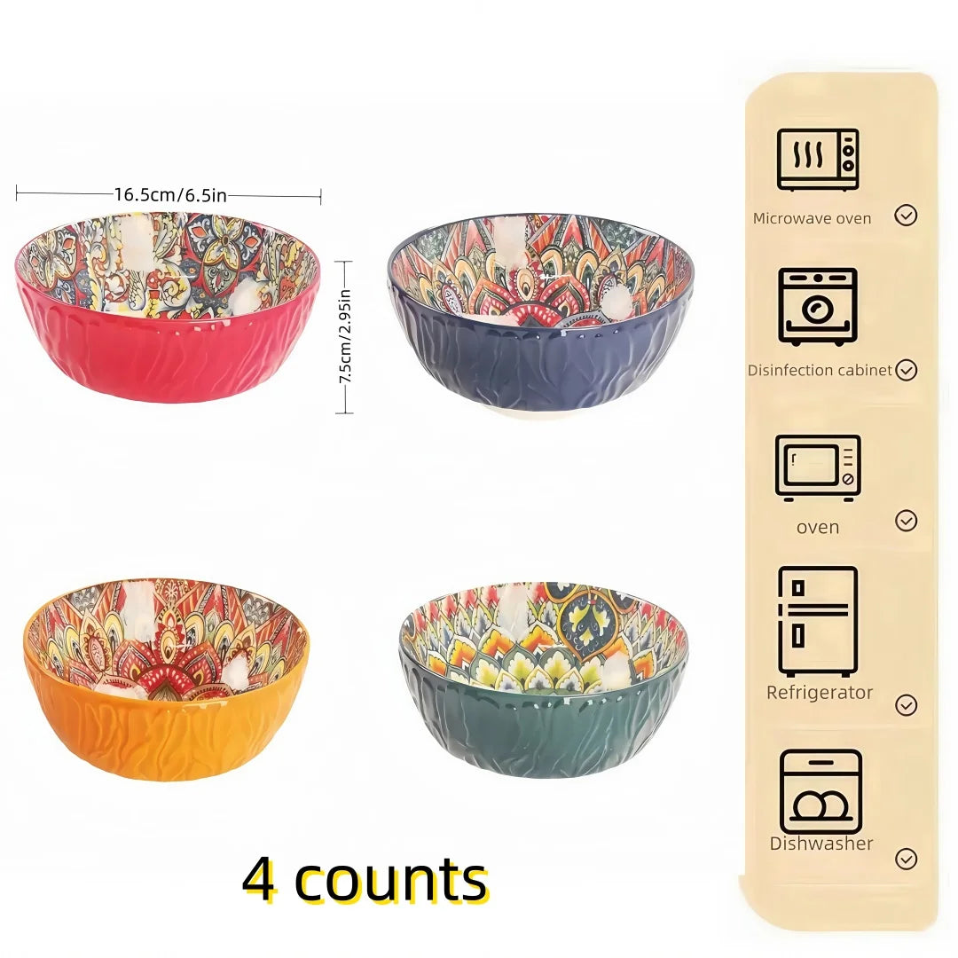 Bohemian Ceramic Bowls Set Floral Serving Bowls Versatile Count 4 multicolor 6.5 inch - Tophatter Daily Deals