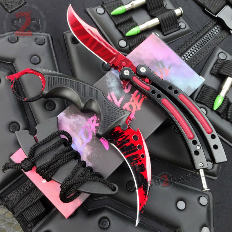 Blood & Slaughter 2pc Set CSGO Butterfly Knife + Elite Karambit SAVE $10 2pc Set - BOTH sharp Knife-Balisong - Tophatter Daily Deals
