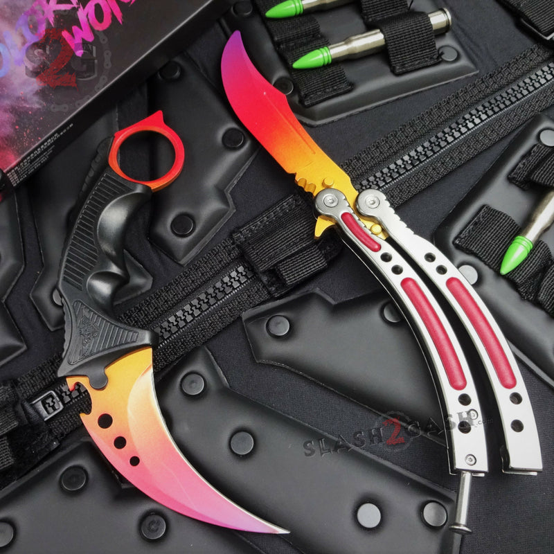 Radiant Fade 2pc Set CSGO Butterfly Knife + Elite Karambit SAVE $10 2pc Set - with TRAINER balisong Knife-Balisong - Tophatter Daily Deals