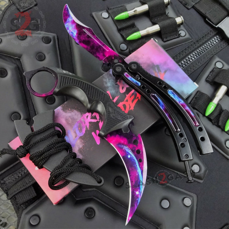Black Galaxy 2pc Set CSGO Butterfly Knife + Elite Karambit SAVE $10 2pc Set - with TRAINER balisong Knife-Balisong - Tophatter Daily Deals