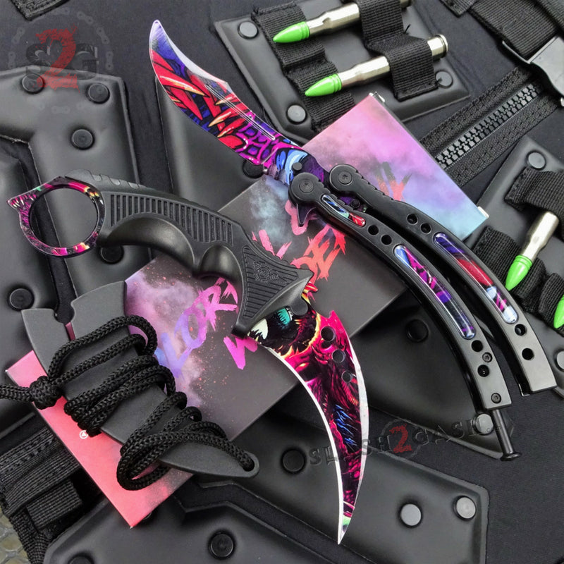 Hyper Beast 2pc Set CSGO Butterfly Knife + Elite Karambit SAVE $10 2pc Set - with TRAINER balisong (randomized) Knife-Balisong - Tophatter Daily Deals