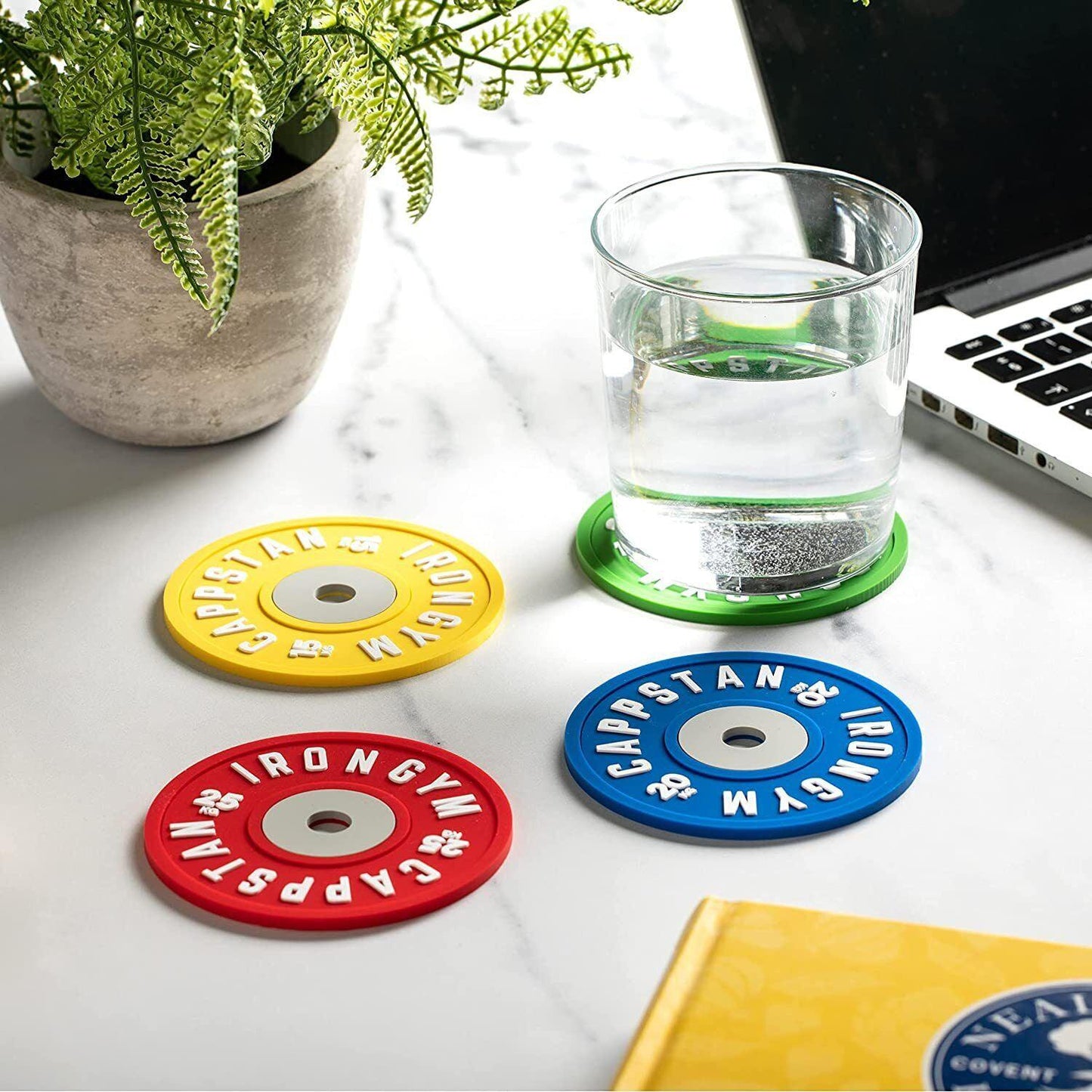 Barbell Coasters - Set of 4 Gym Weight Coasters for Glasses & Bowls | Barbell Weights Set Coasters | Gym Gifts for Men & Women Dumbbells & Barbells - Tophatter Daily Deals