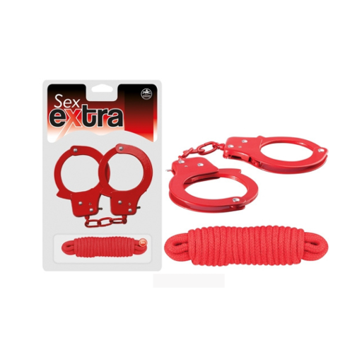 Sex Extra Metal Cuffs and Love Rope Set Red 3 Metre Bondage Kit > Bondage Gear > Handcuffs - Tophatter Daily Deals
