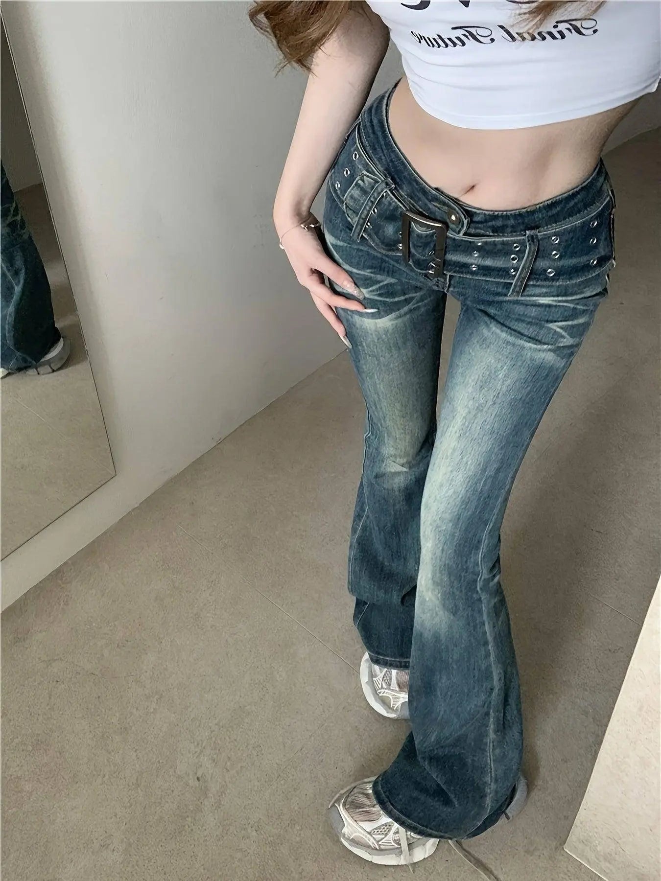 Sexy Adjustable Belt Washed Blue Streetwear Flare Leg Jeans, Women's Denim Jeans & Clothing - Tophatter Daily Deals