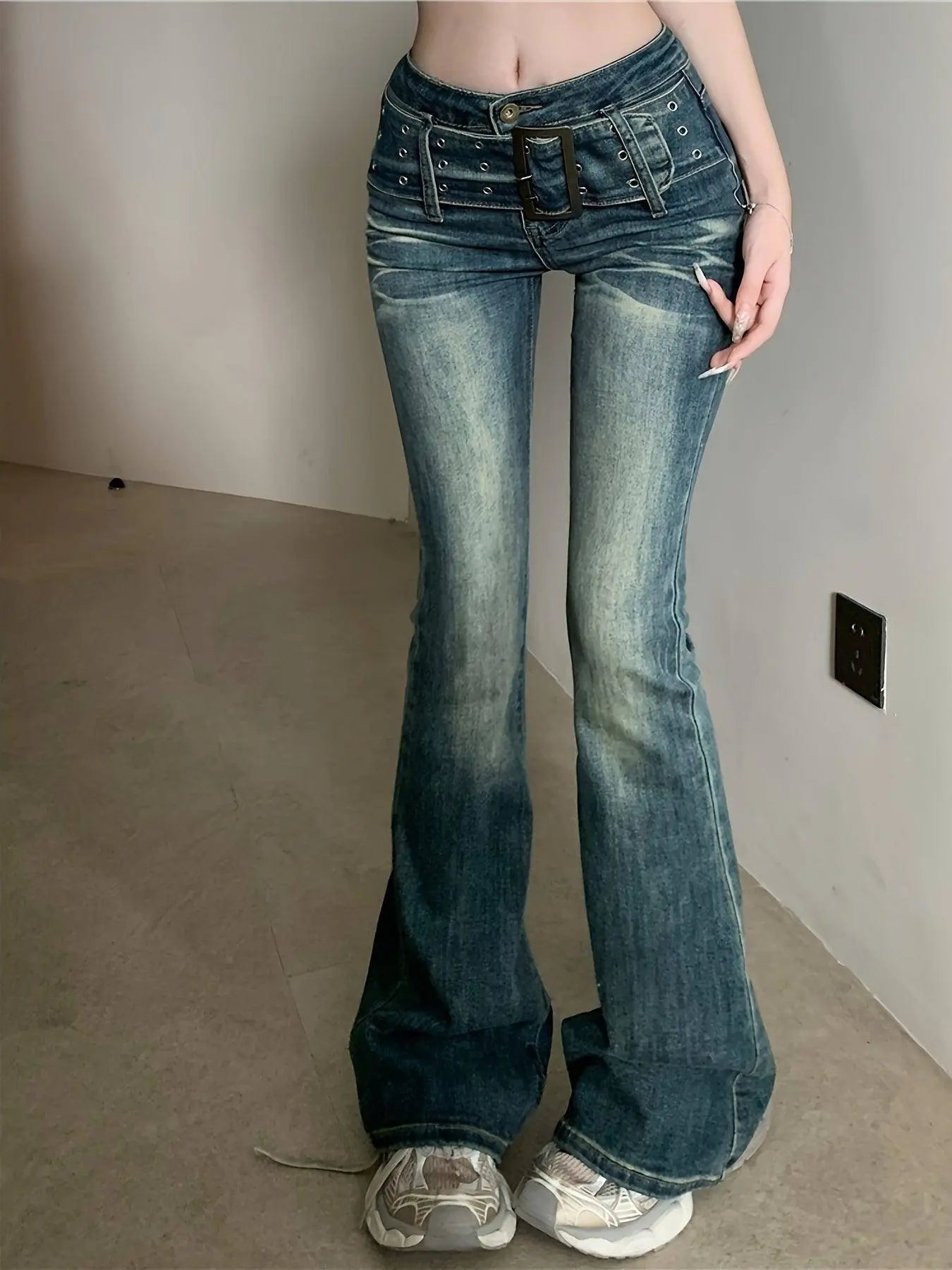 Sexy Adjustable Belt Washed Blue Streetwear Flare Leg Jeans, Women's Denim Jeans & Clothing - Tophatter Daily Deals