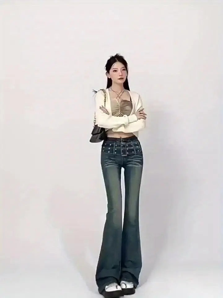 Sexy Adjustable Belt Washed Blue Streetwear Flare Leg Jeans, Women's Denim Jeans & Clothing - Tophatter Daily Deals