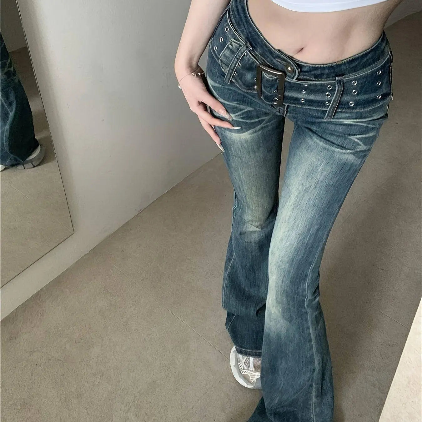 Sexy Adjustable Belt Washed Blue Streetwear Flare Leg Jeans, Women's Denim Jeans & Clothing Royal Blue - Tophatter Daily Deals