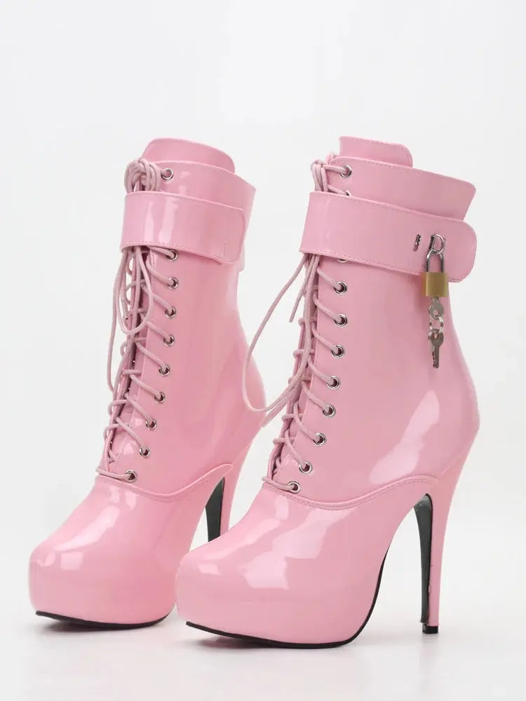 Sexy single boots Lace-Up 15cm High Thin heel 4CM platform ankle short boots Unisex Plus Size Padlocks boots - Tophatter Daily Deals