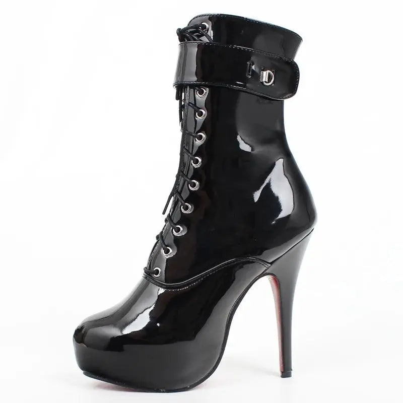 Sexy single boots Lace-Up 15cm High Thin heel 4CM platform ankle short boots Unisex Plus Size Padlocks boots Black shiny - Tophatter Daily Deals