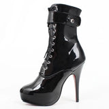 Sexy single boots Lace-Up 15cm High Thin heel 4CM platform ankle short boots Unisex Plus Size Padlocks boots Black shiny - Tophatter Daily Deals