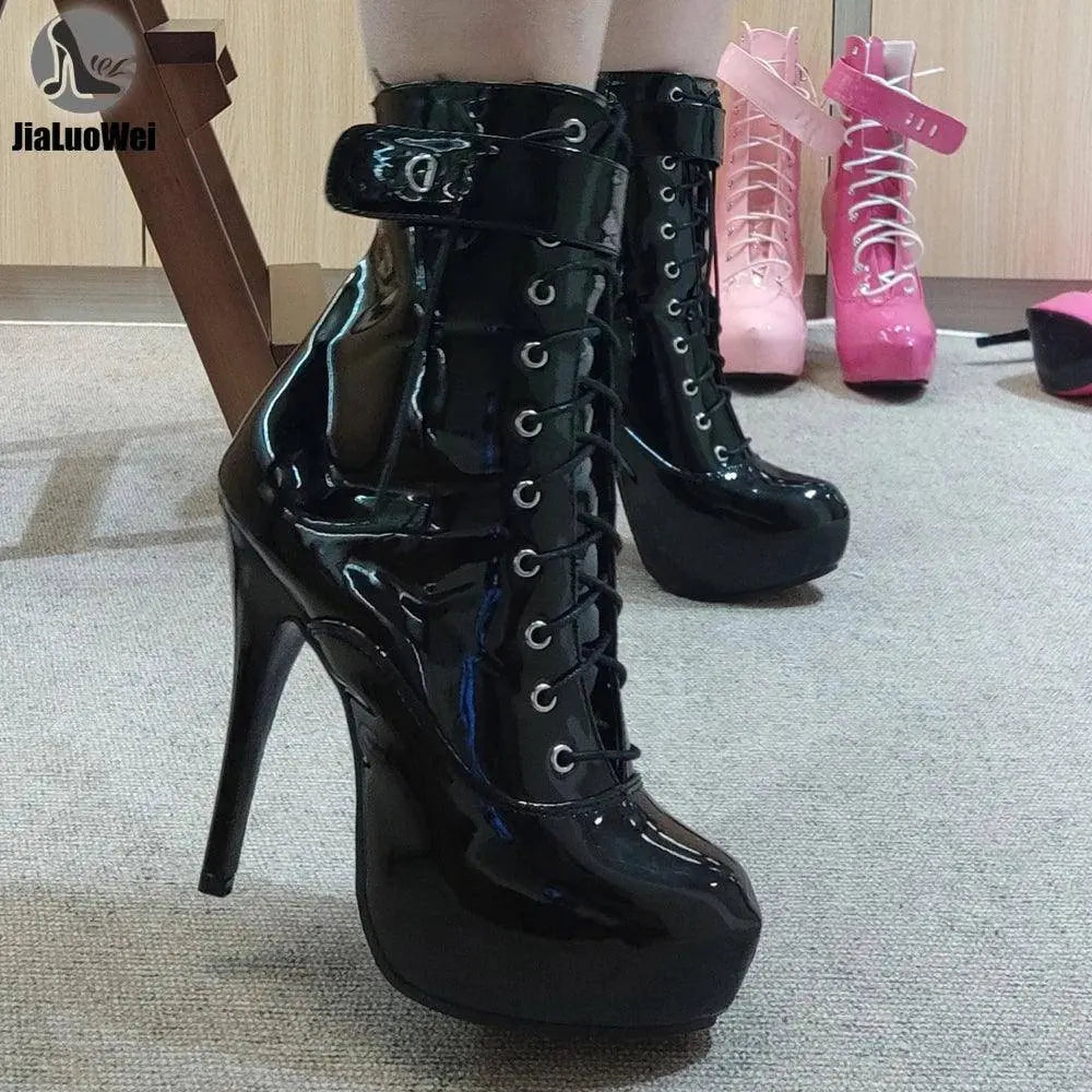 Sexy single boots Lace-Up 15cm High Thin heel 4CM platform ankle short boots Unisex Plus Size Padlocks boots - Tophatter Daily Deals