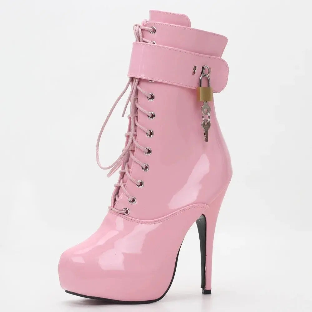 Sexy single boots Lace-Up 15cm High Thin heel 4CM platform ankle short boots Unisex Plus Size Padlocks boots Pink shiny - Tophatter Daily Deals