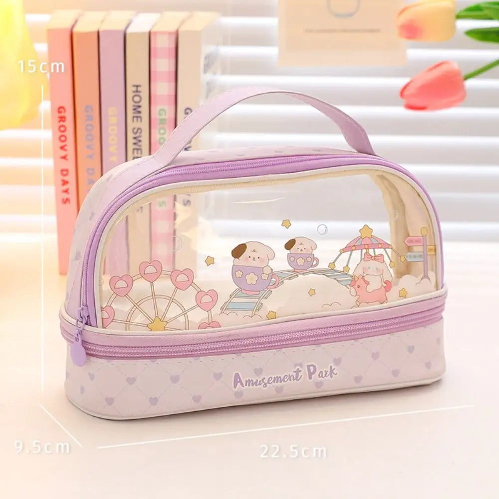 Kawaii Double Layer Pencil Case Large Transparent Stationery Lilac Fairground Animals - Tophatter Daily Deals