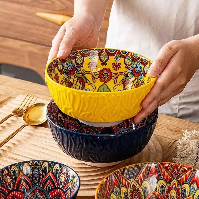 Bohemian Ceramic Bowls Set Floral Serving Bowls Versatile - Tophatter Daily Deals