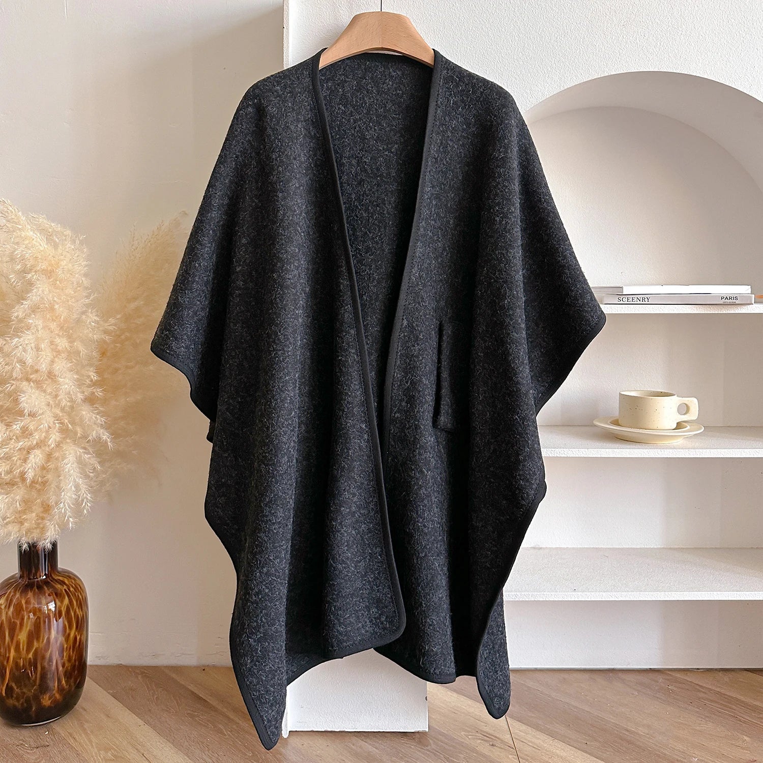 Warm Womens Poncho - Draped Cape Knot, Cashmere Pashmina Black - Tophatter Daily Deals
