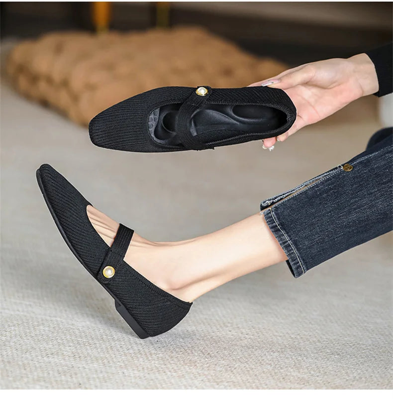 Stretchy Women Mary Jane Flats - Ribbed Knit For Spring - Tophatter Daily Deals