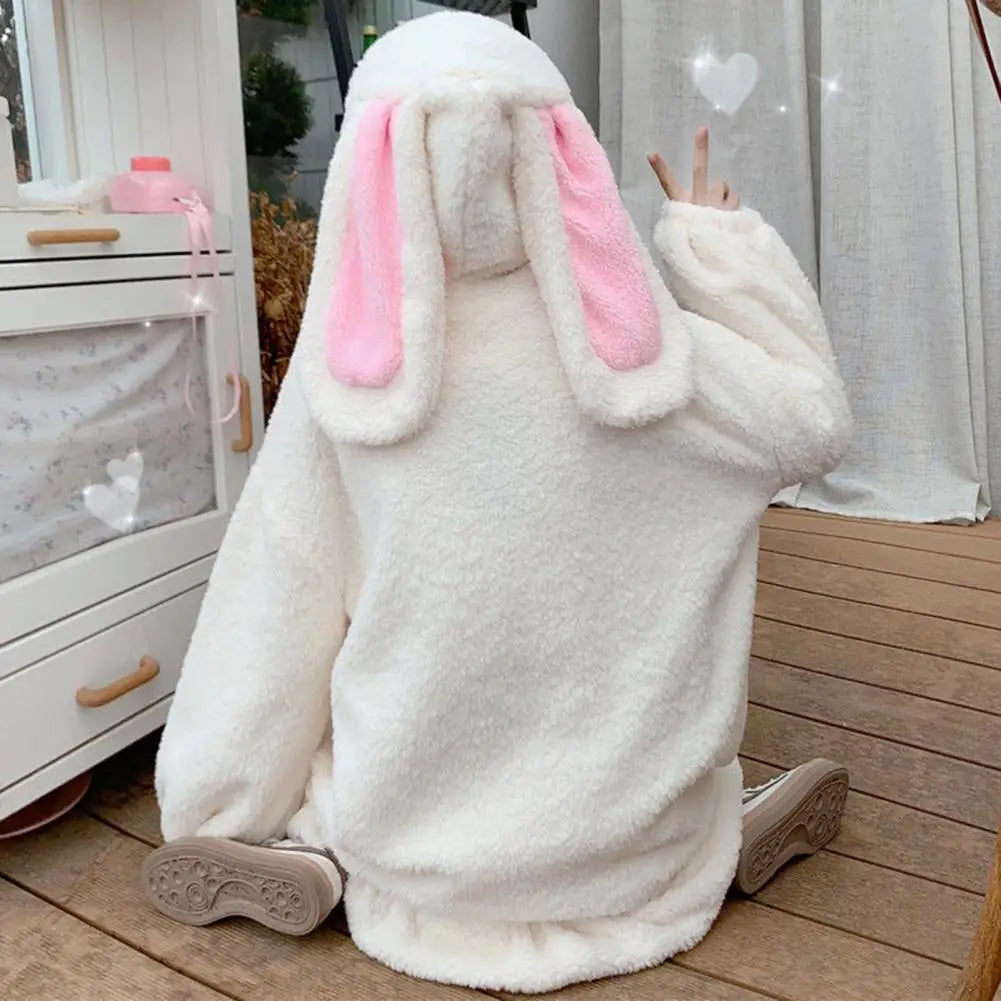 Hoodie Winter Bunny Ears White Black Pink Sweatshirt Long Sleeve Zip Up Hoodies Animals - Tophatter Daily Deals