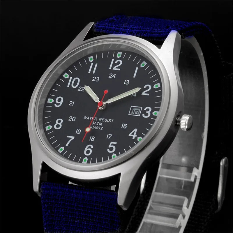 Quartz Field Watch Nylon Strap Military Style Date Luminous Blue black - Tophatter Daily Deals