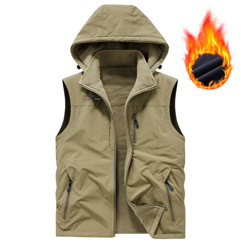 Warm Versatile Men Hooded Vest - Fleece Lined, Nylon, Outdoor Khaki - Tophatter Daily Deals