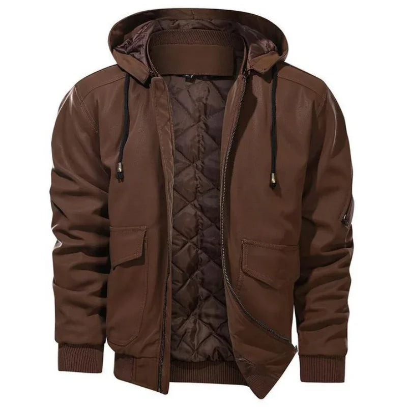 Lightweight Flattering Men's Jacket - Hooded Biker, Quilted Brown - Tophatter Daily Deals