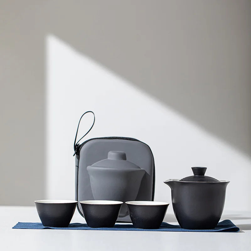 Portable Ceramic Travel Tea Set With Case Gift Kit Black - Tophatter Daily Deals