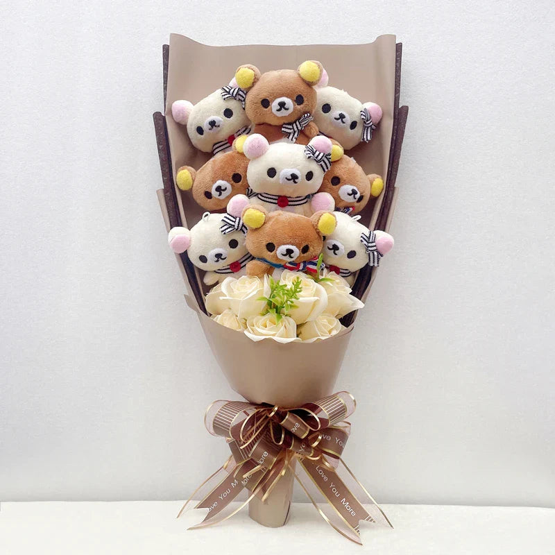 San-X Rilakkuma Korilakkuma Teddy Bear Plush Toy Flower Bouquet Gift Box San-x Rilakkuma & Korilakkuma - Light Brown Flowers - Tophatter Daily Deals