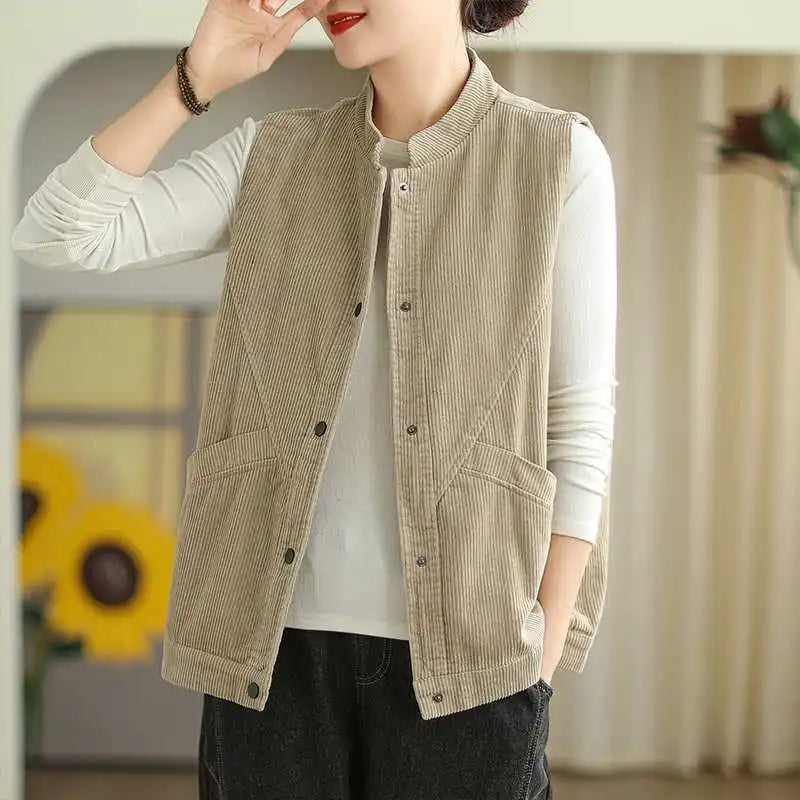 Soft Women's Corduroy Vest - Relaxed Sleeveless, Velvet Khaki - Tophatter Daily Deals