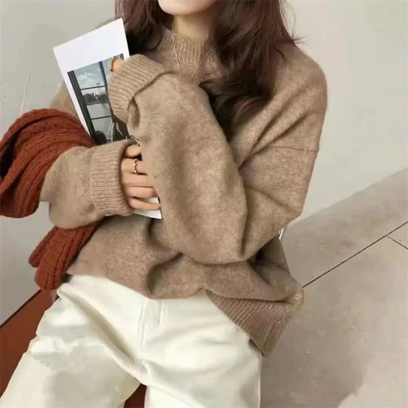 Cozy Oversized Women’s Pullover Sweater - Round Neck Knit Camel One Size - Tophatter Daily Deals