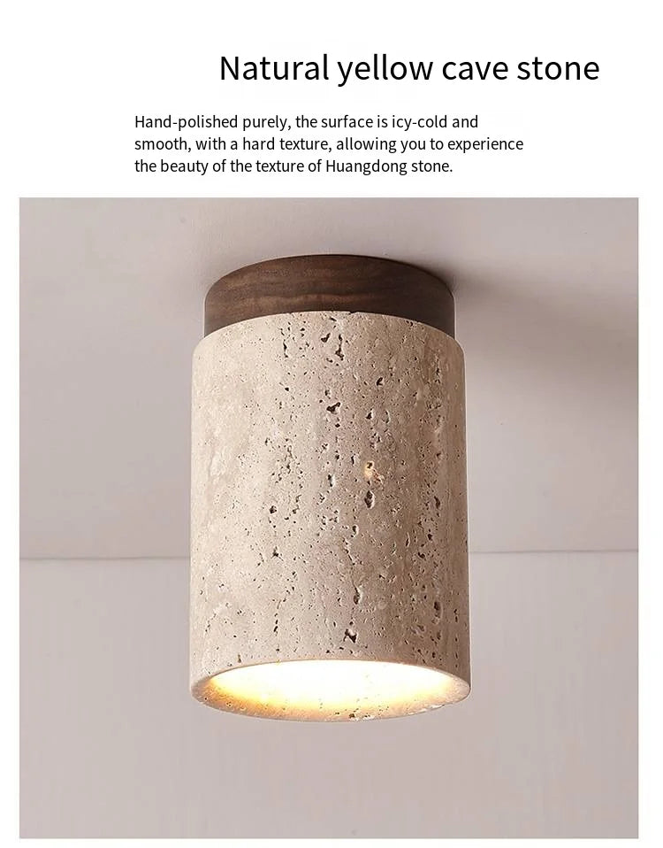 Japandi Travertine Ceiling Light Wood Cap Round Mid Century Lamp - Tophatter Daily Deals