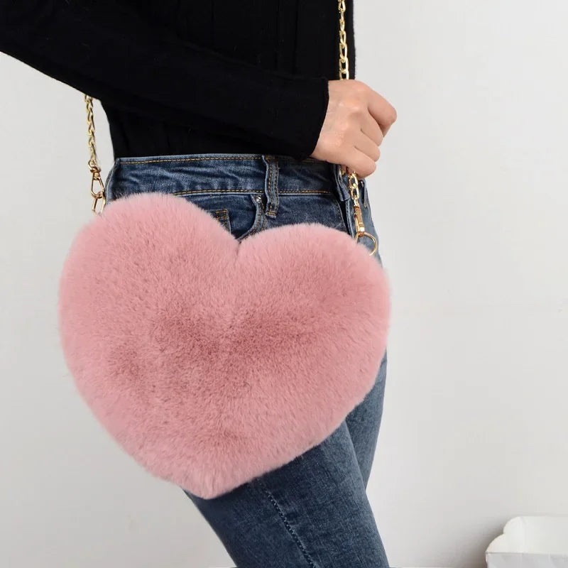 Faux Fur Heart Bag Furry With Gold Chain Handbag Crossbody Mythical - Tophatter Daily Deals