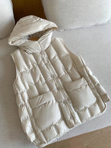 Lightweight Women Hooded Down Vest - Boxy, Down, Autumn Beige - Tophatter Daily Deals