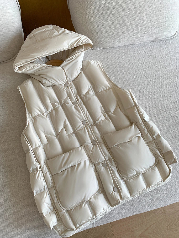 Lightweight Women Hooded Down Vest - Boxy, Down, Autumn Beige - Tophatter Daily Deals