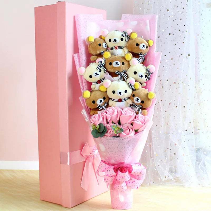 San-X Rilakkuma Korilakkuma Teddy Bear Plush Toy Flower Bouquet Gift Box San-x Rilakkuma & Korilakkuma - Baby Pink Flowers - Tophatter Daily Deals