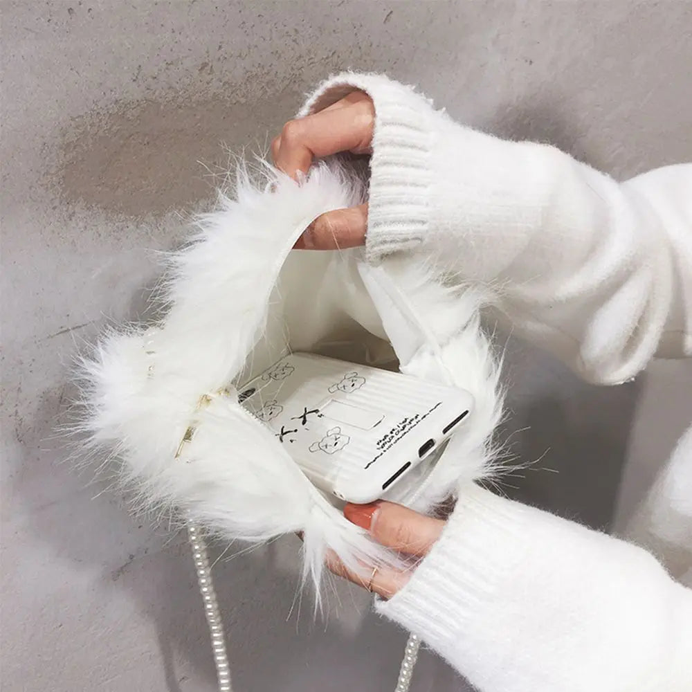 Faux Fur Fluffy White Bag Crossbody Handbag Pearl Strap Mythical - Tophatter Daily Deals