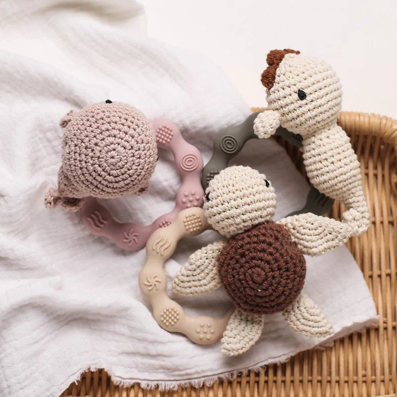 Crochet Bear Teether Rattle Ring Newborn Sensory Toys - Tophatter Daily Deals