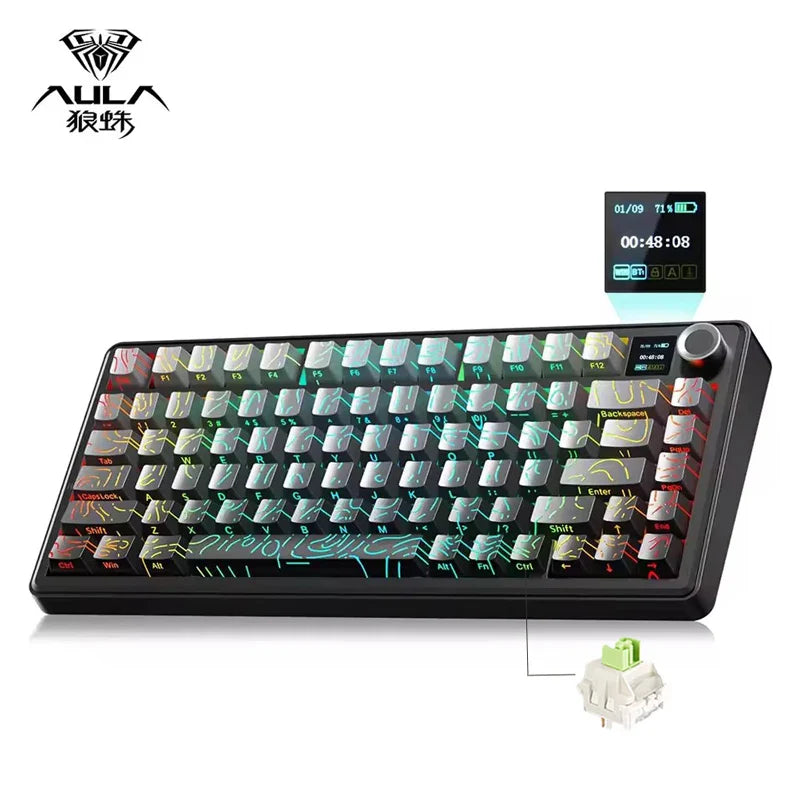 Gaming Mechanical Keyboard 75% Hot Swap RGB TFT Wireless Black contour lines - Tophatter Daily Deals