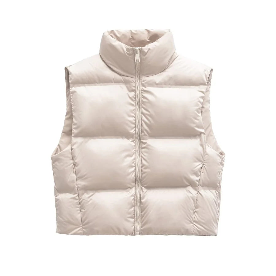 Insulating Women’s Puffer Vest - Oversized Quilted Cotton Beige - Tophatter Daily Deals