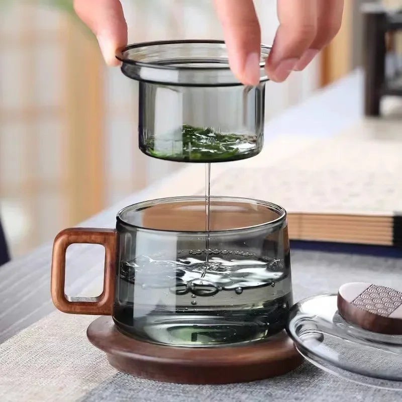 200ml Tea Infuser Cup Heat Resistant Glass Mug Wood Handle - Tophatter Daily Deals