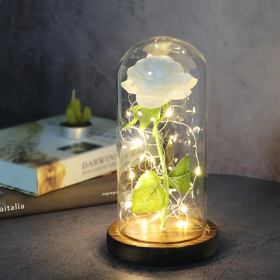 Beauty & The Beast Eternal Red Rose In Glass Dome with LED Lights Baby Blue Flowers - Tophatter Daily Deals