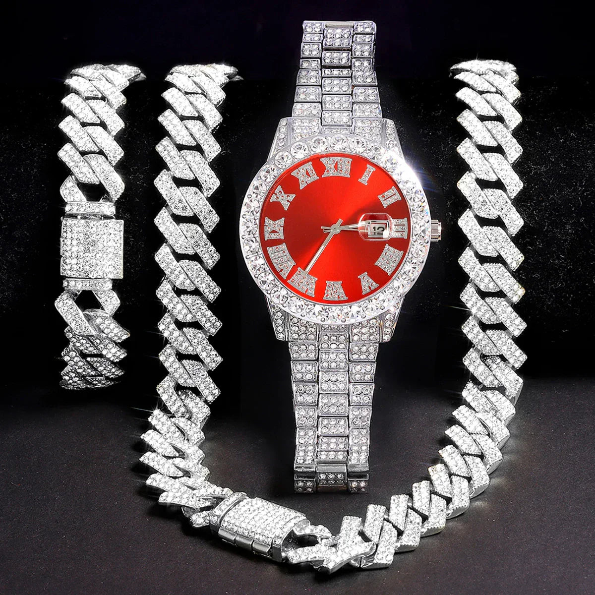 3pcs Mens Silver Watch Cuban Chain Bracelet Set (Red) Apparel & Accessories > Jewelry > Jewelry Sets - Tophatter Daily Deals