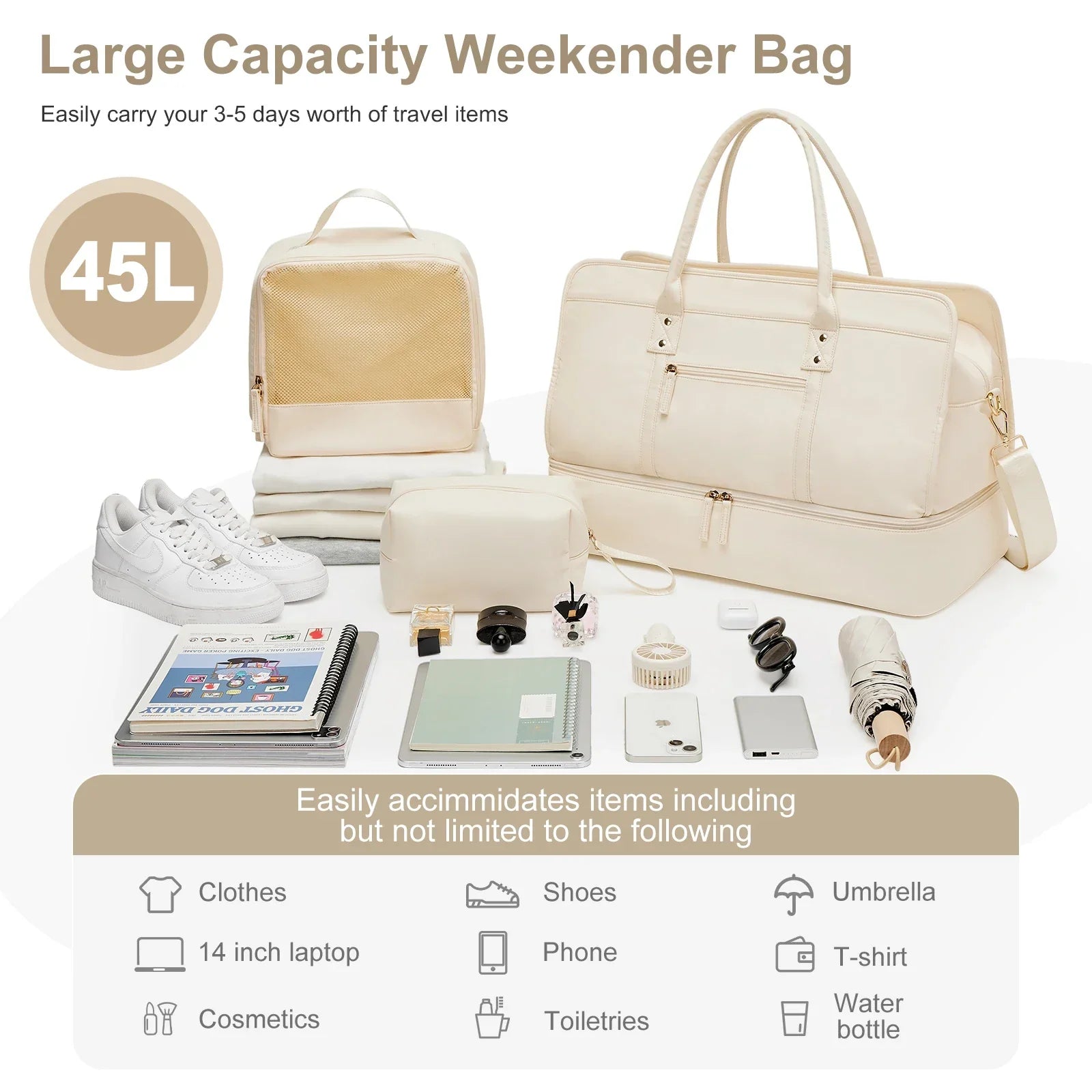 Luggage Travel Bag with Clothes and Toiletry Bag (Beige) Luggage & Bags > Duffel Bags - Tophatter Daily Deals