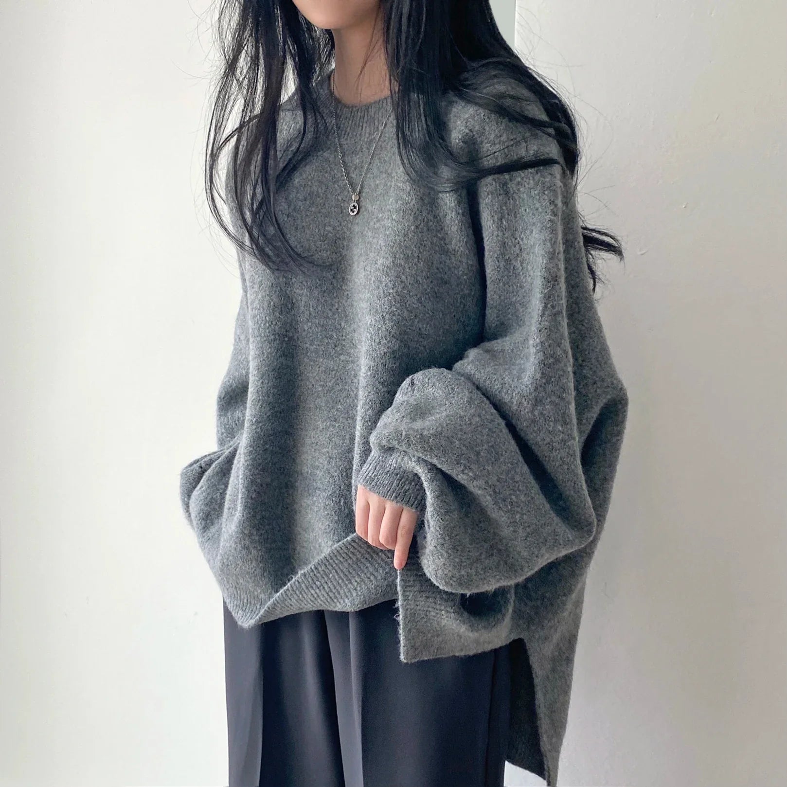 Oversized Cozy Women's Pullover - O Neck, Knit, Office Wear Grey sweater One Size - Tophatter Daily Deals