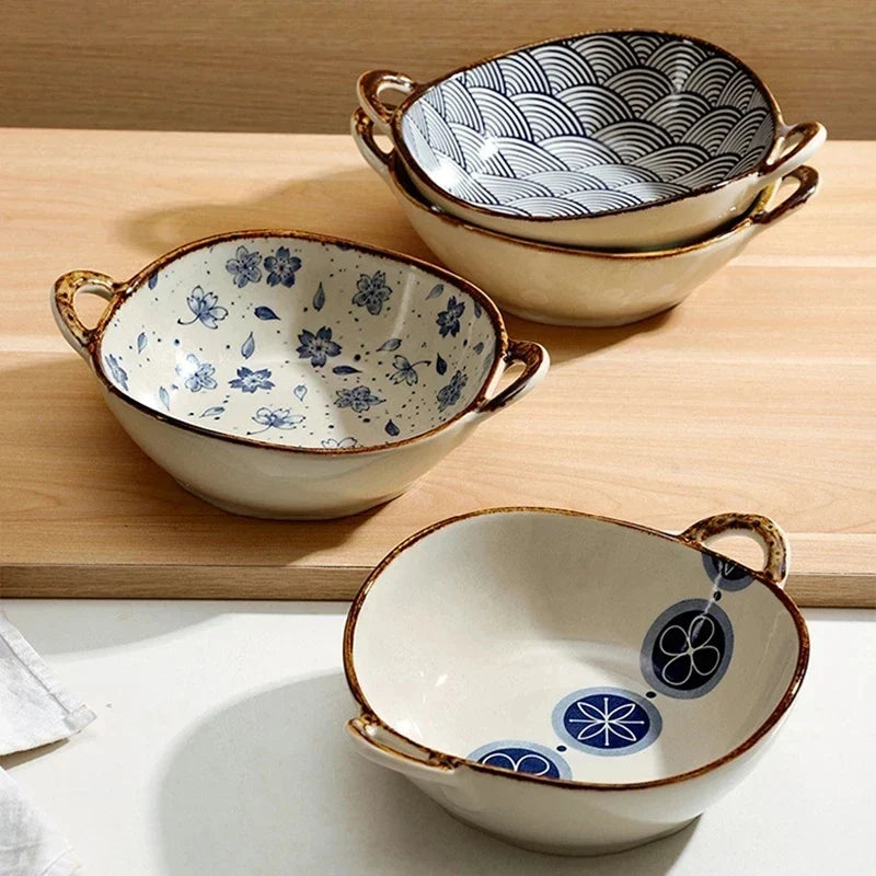 Ceramic Noodle Bowl 7.5 Inch Dual Handle Floral Bowl - Tophatter Daily Deals