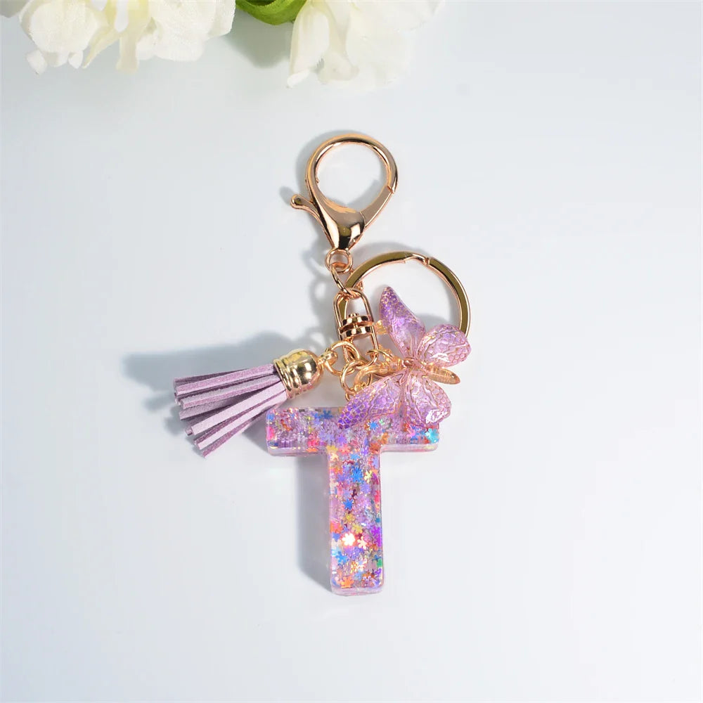 Sequin Letter Keychain With Butterfly Tassel Charm T 55mm - Tophatter Daily Deals
