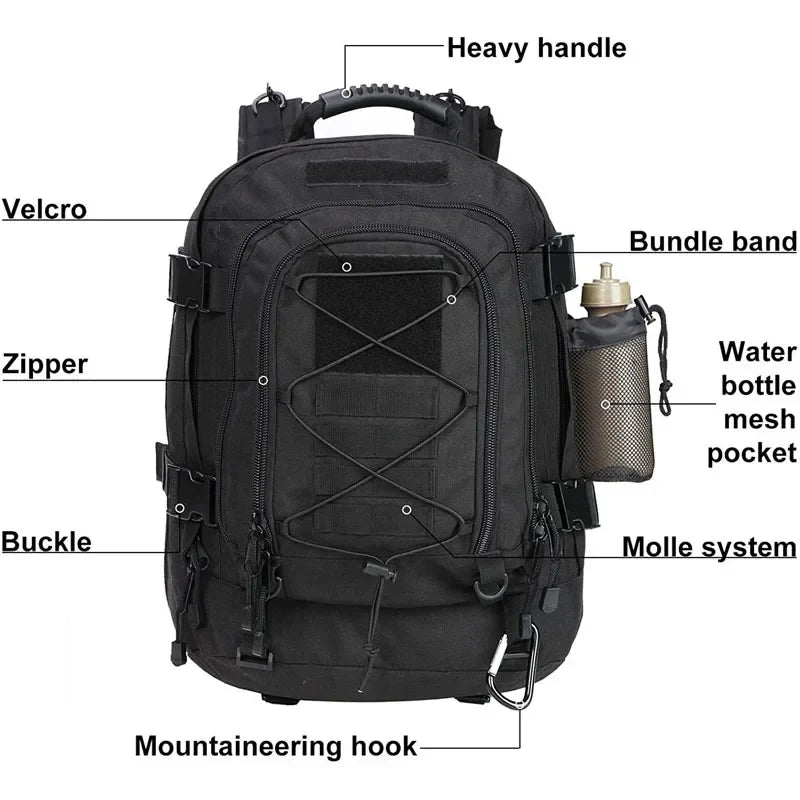 Tactical MOLLE Backpack Heavy-Duty Rucksack Black Backpacks - Tophatter Daily Deals