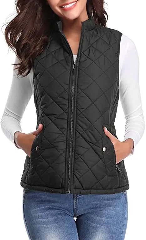 Lightweight Women Quilted Vest - Stand Collar Cotton Winter Black - Tophatter Daily Deals