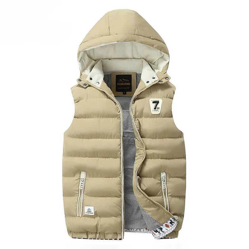 Windproof Men Hooded Vest - Quilted Padded, Polyester, Autumn Khaki - Tophatter Daily Deals