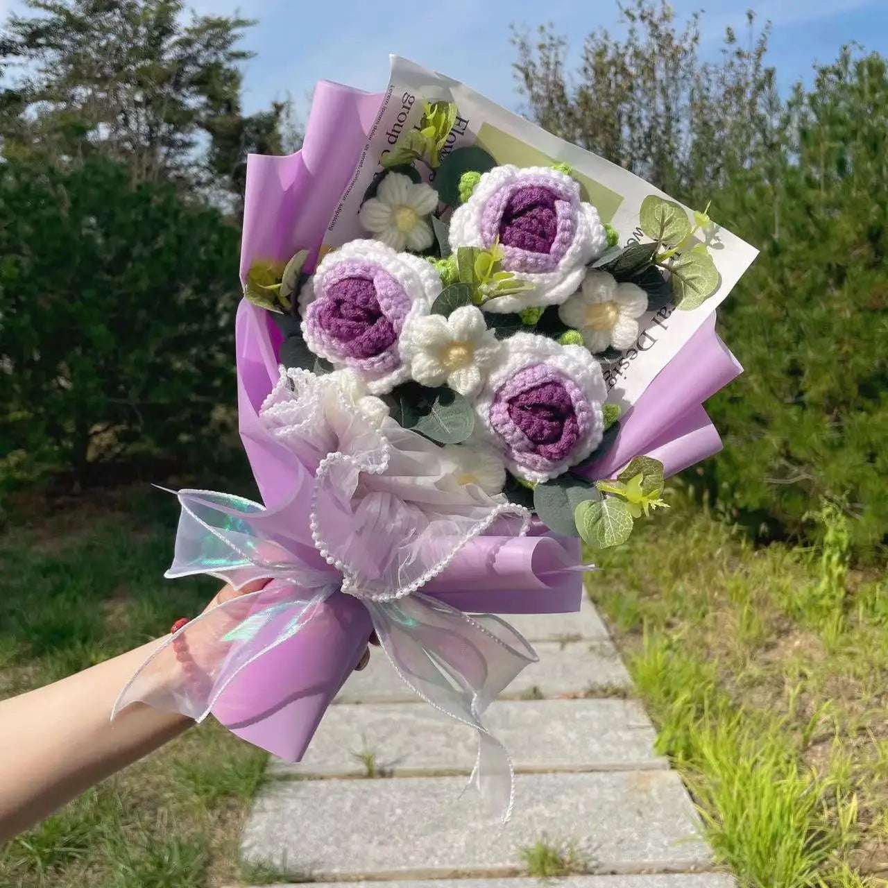 Crochet Knitted Plush Flowers Bouquet Purple Flowers - Tophatter Daily Deals