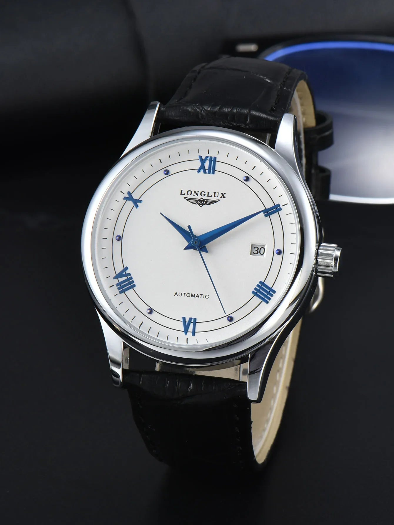 Automatic Watch Leather Strap Mechanical Date Waterproof 8020LP white black - Tophatter Daily Deals