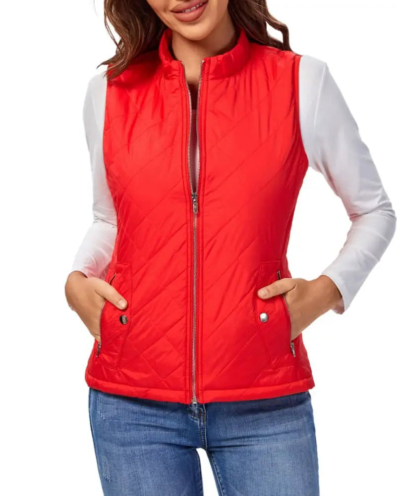 Lightweight Women Quilted Vest - Stand Collar Cotton Winter Red - Tophatter Daily Deals